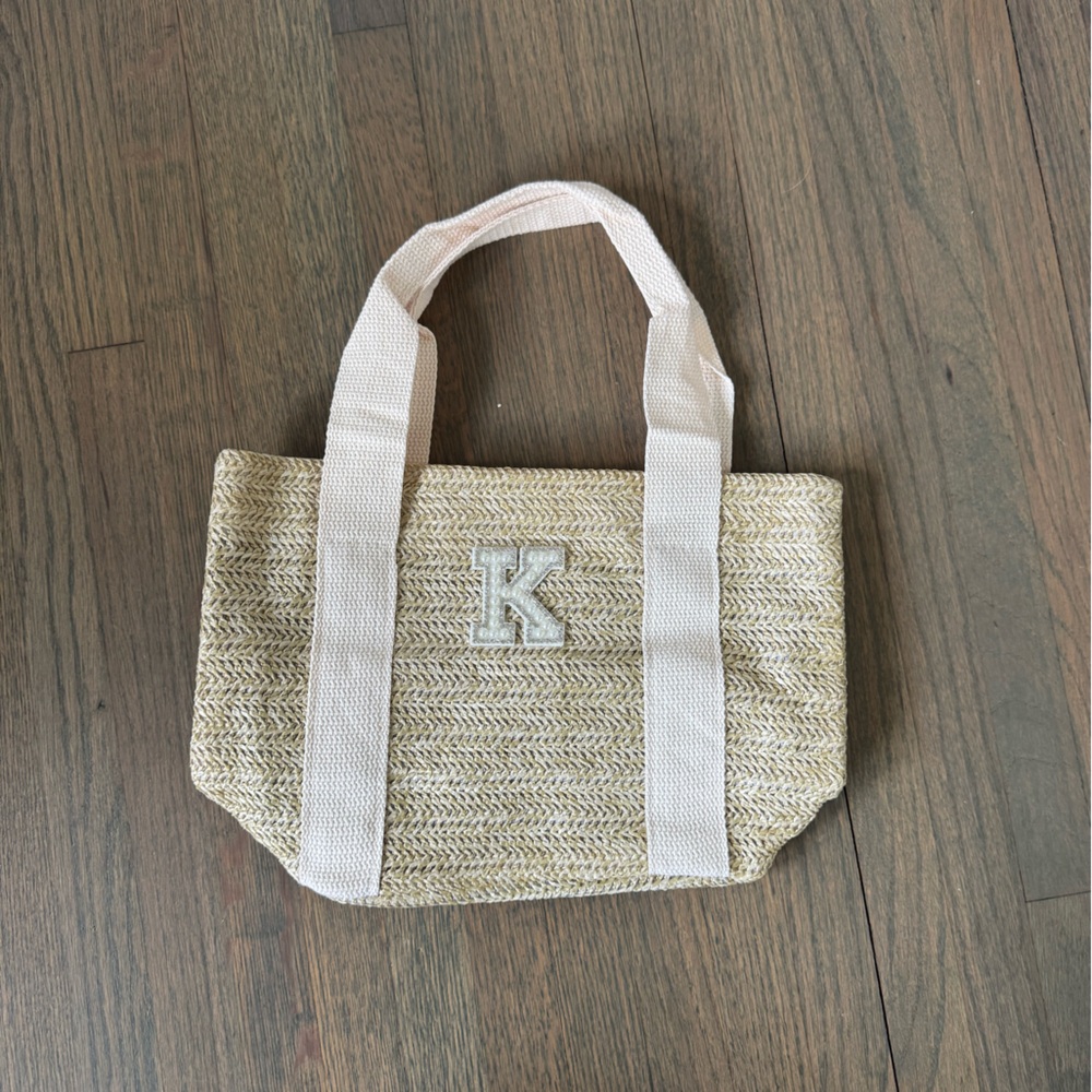 Beige “K” Tote Bag with White Handles